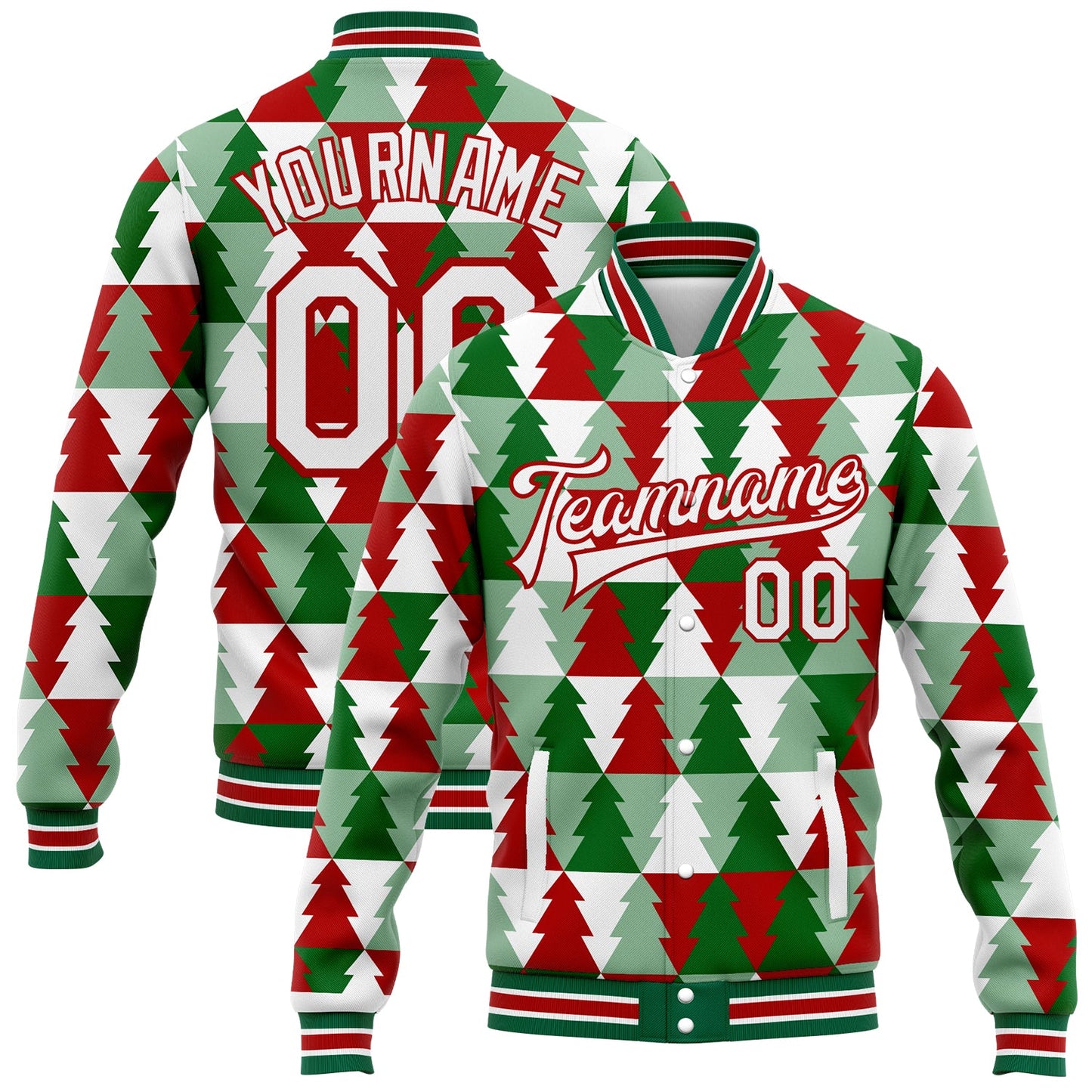 Custom Kelly Green White-Red Christmas Tree 3D Bomber Full-Snap Varsity Letterman Jacket - Main View