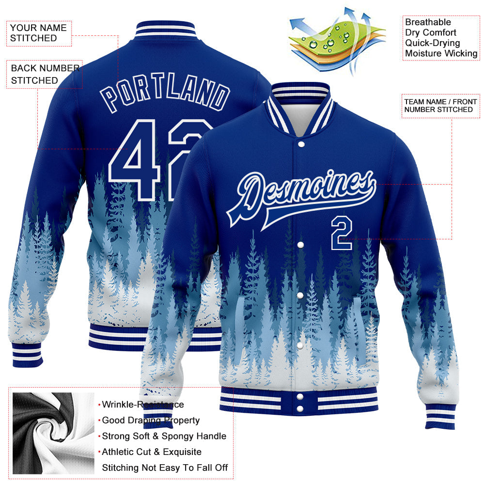 Custom Royal White Christmas Tree 3D Bomber Full-Snap Varsity Letterman Jacket view 5