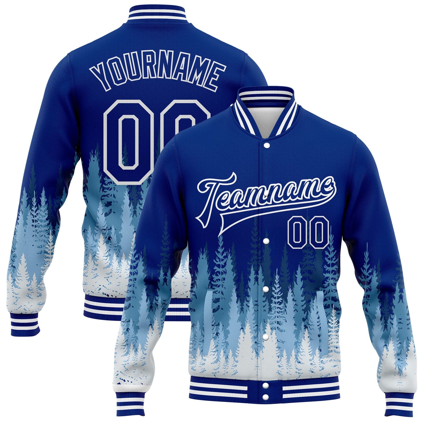Custom Royal White Christmas Tree 3D Bomber Full-Snap Varsity Letterman Jacket - Main View
