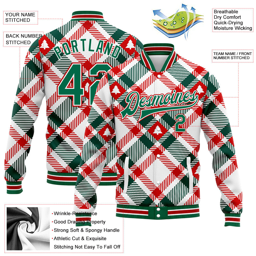 Custom White Kelly Green-Red Christmas Tree 3D Bomber Full-Snap Varsity Letterman Jacket view 5