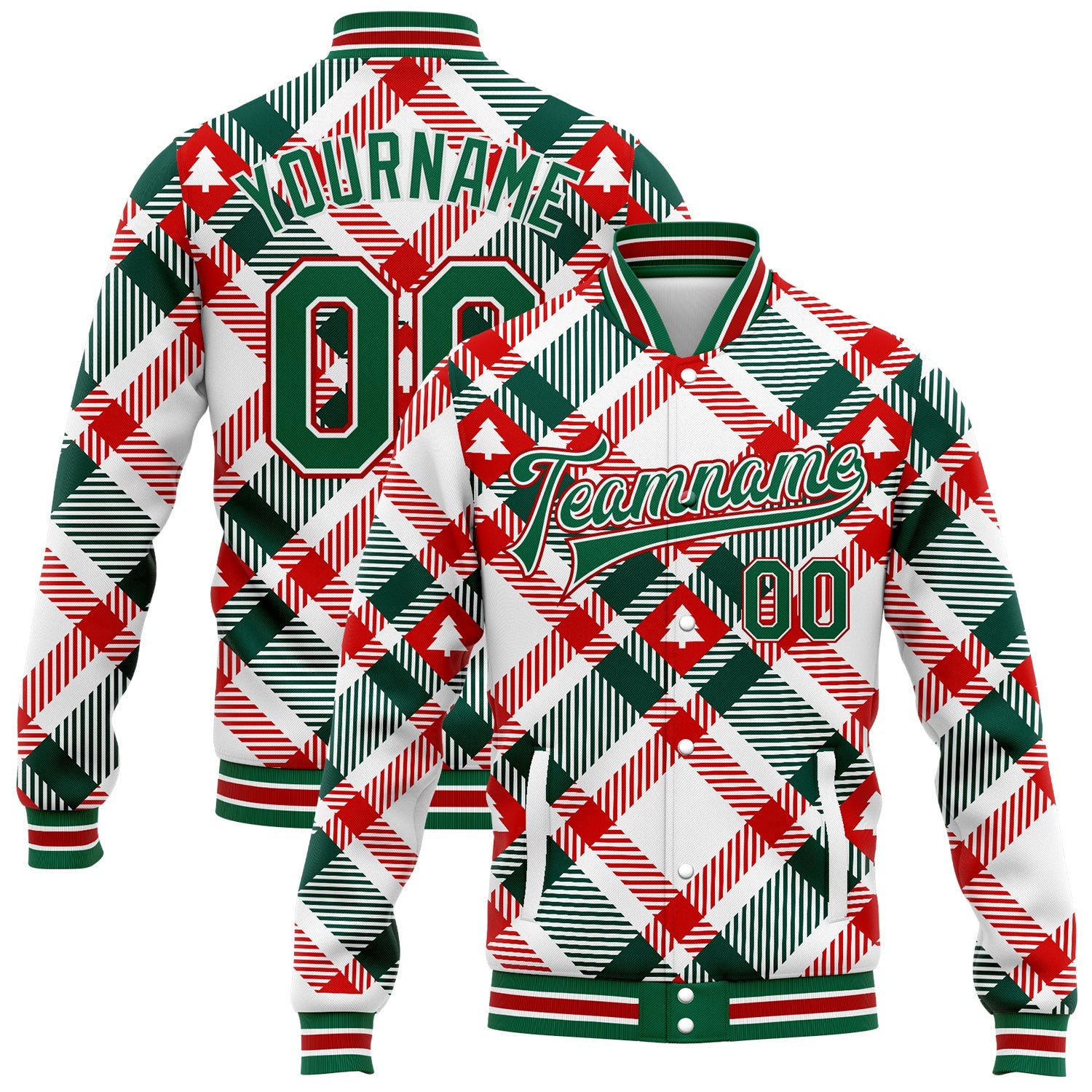 Custom White Kelly Green-Red Christmas Tree 3D Bomber Full-Snap Varsity Letterman Jacket - Main View