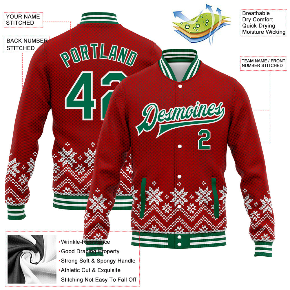 Custom Red Kelly Green-White Christmas Snowflakes 3D Bomber Full-Snap Varsity Letterman Jacket view 5