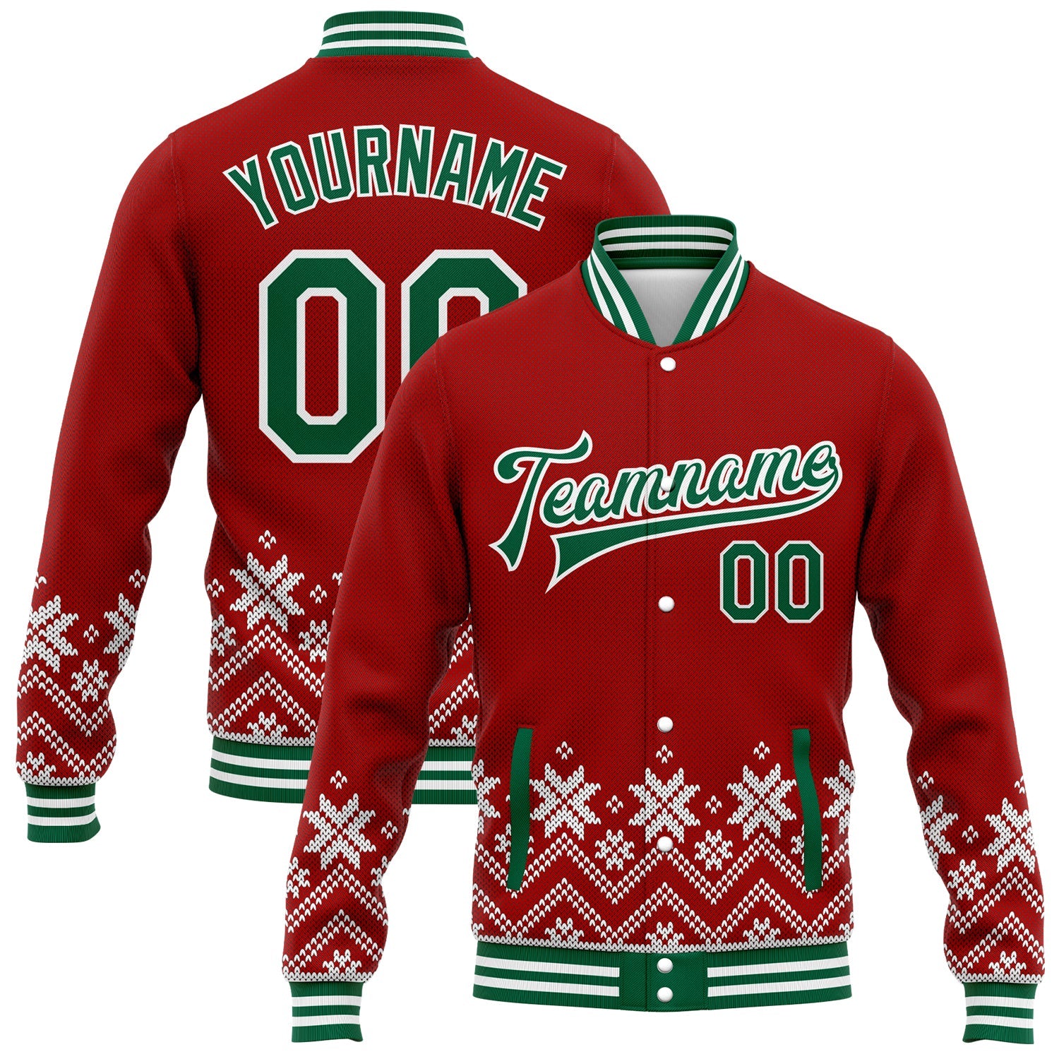 Custom Red Kelly Green-White Christmas Snowflakes 3D Bomber Full-Snap Varsity Letterman Jacket - Main View