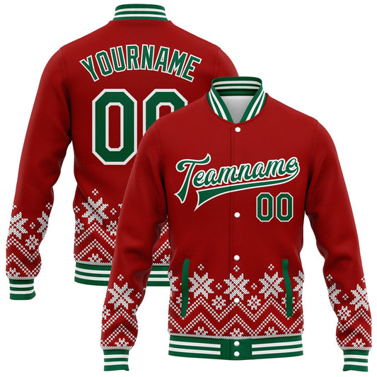 Custom Red Kelly Green-White Christmas Snowflakes 3D Bomber Full-Snap Varsity Letterman Jacket - Main View