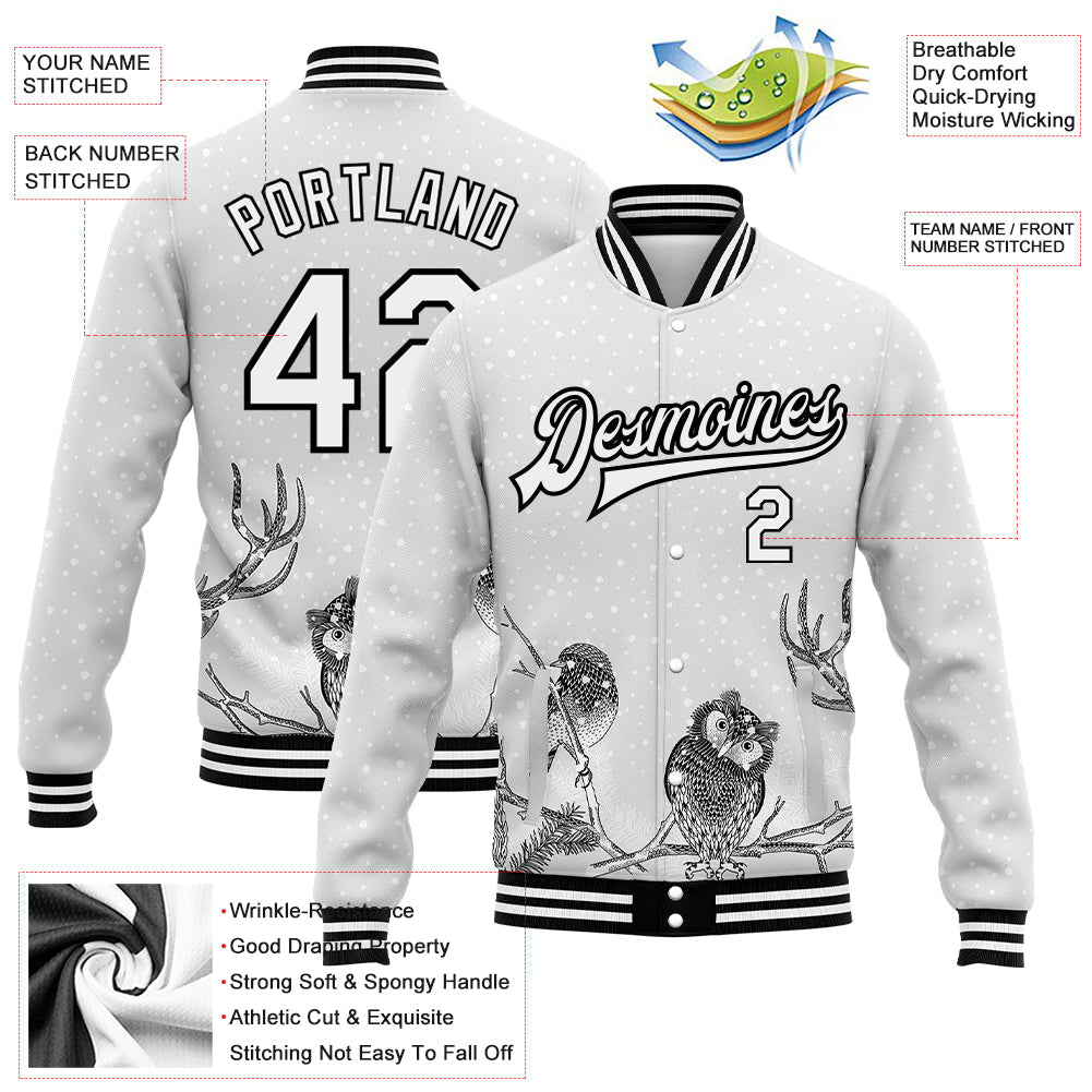 Custom White Black Merry Christmas Animals In Winter 3D Bomber Full-Snap Varsity Letterman Jacket view 5