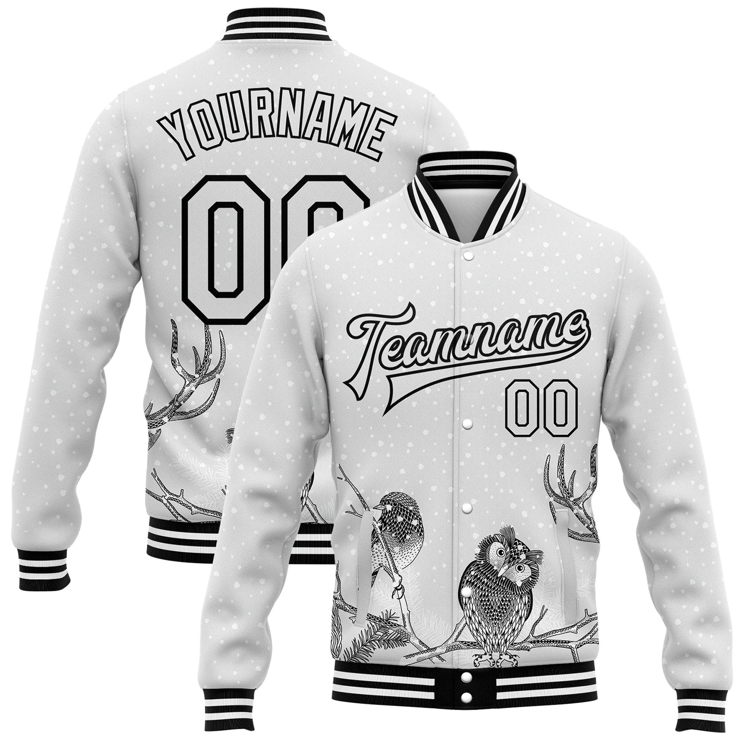 Custom White Black Merry Christmas Animals In Winter 3D Bomber Full-Snap Varsity Letterman Jacket - Main View
