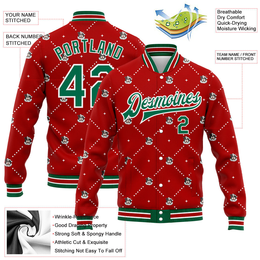 Custom Red Kelly Green-White Christmas Dog Wearing Santa Claus Costume 3D Bomber Full-Snap Varsity Letterman Jacket view 5