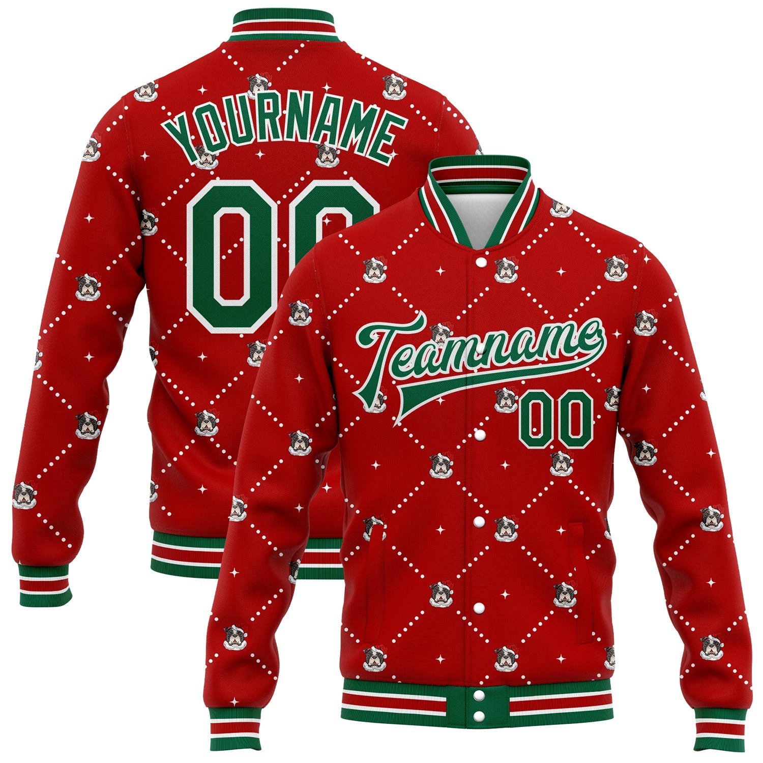 Custom Red Kelly Green-White Christmas Dog Wearing Santa Claus Costume 3D Bomber Full-Snap Varsity Letterman Jacket - Main View