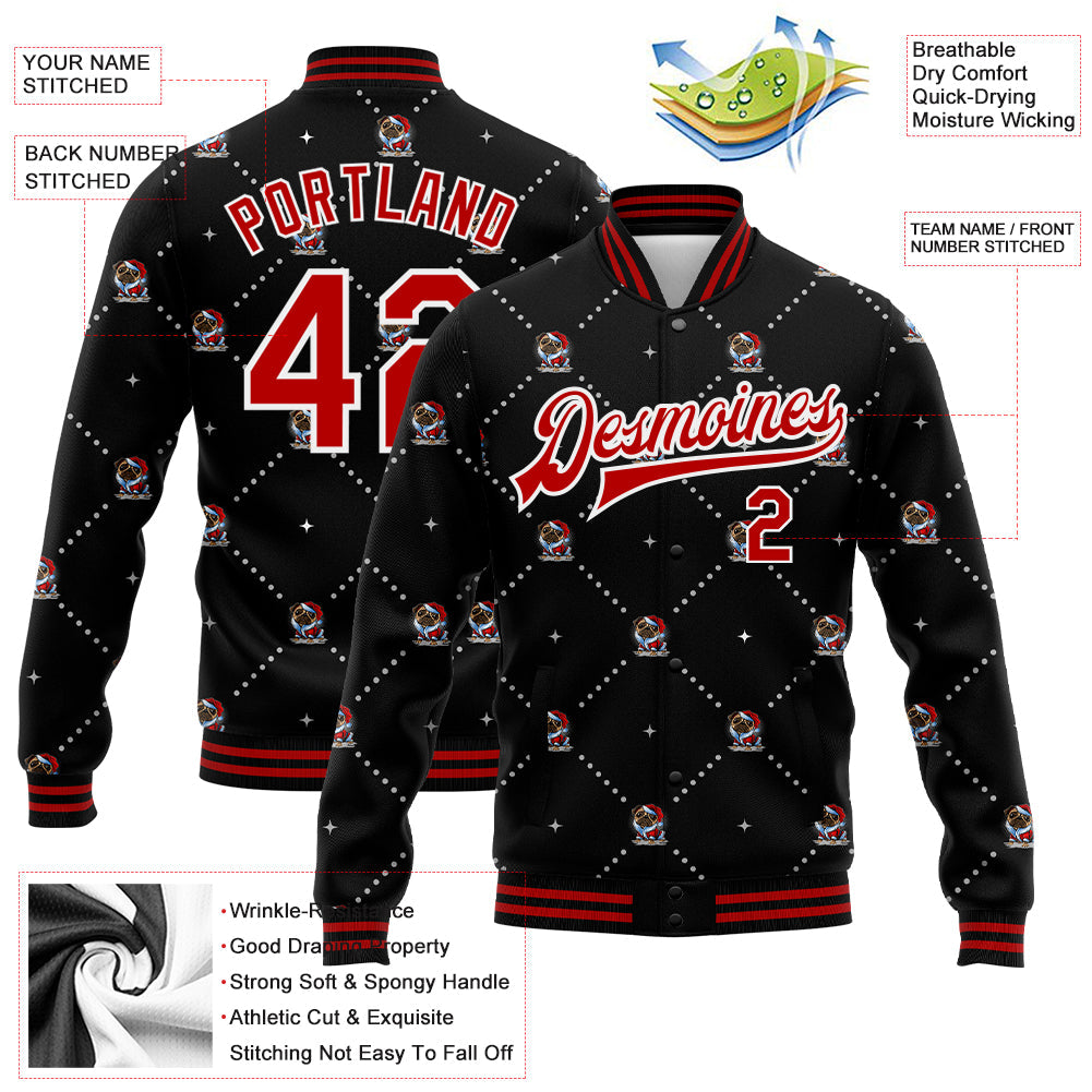 Custom Black Red-White Christmas Dog Wearing Santa Claus Costume 3D Bomber Full-Snap Varsity Letterman Jacket view 5