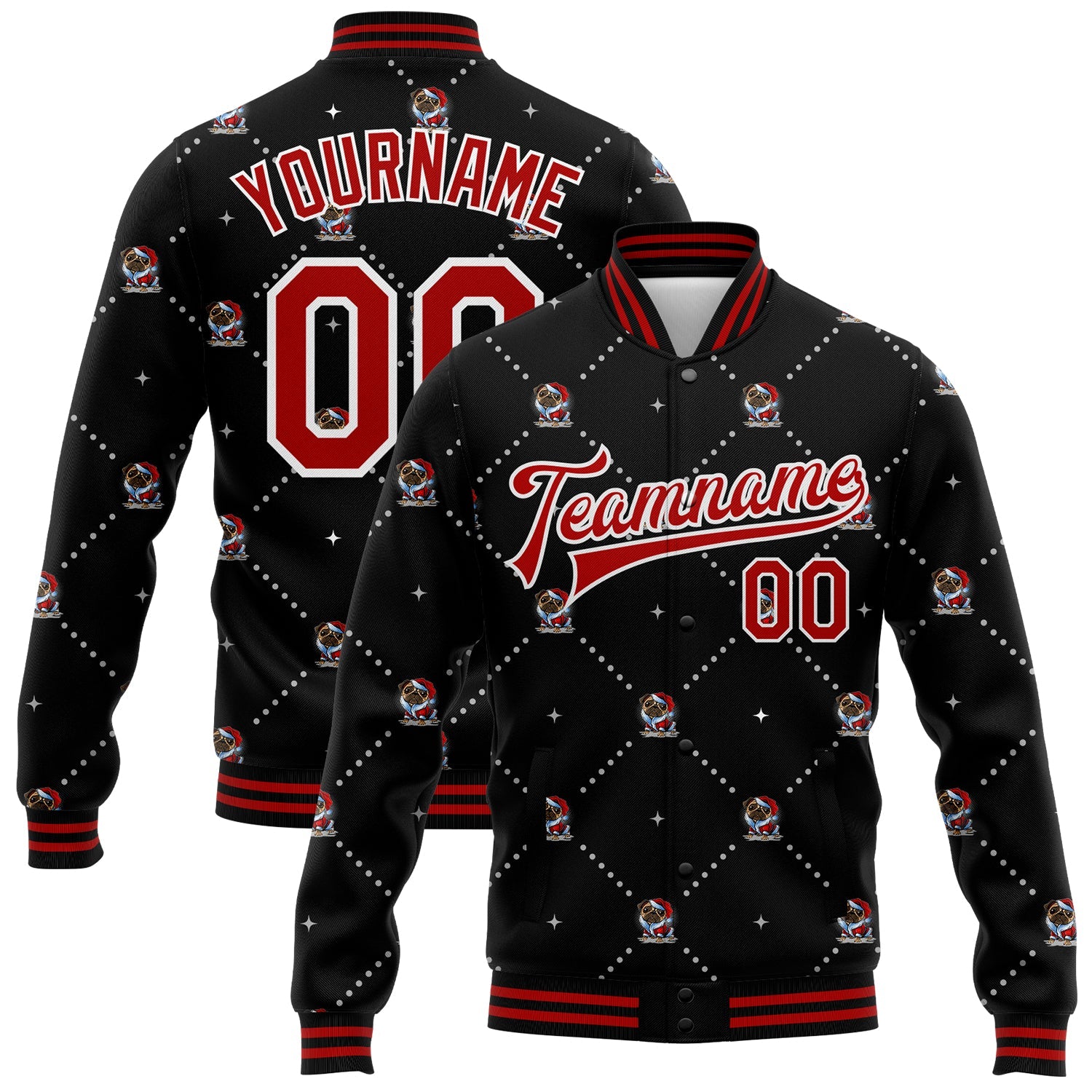Custom Black Red-White Christmas Dog Wearing Santa Claus Costume 3D Bomber Full-Snap Varsity Letterman Jacket - Main View