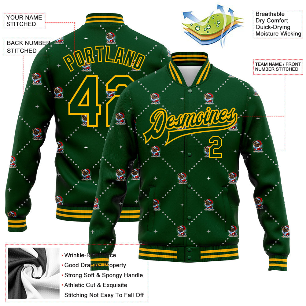 Custom Green Gold Christmas Dog Wearing Santa Claus Costume 3D Bomber Full-Snap Varsity Letterman Jacket view 5