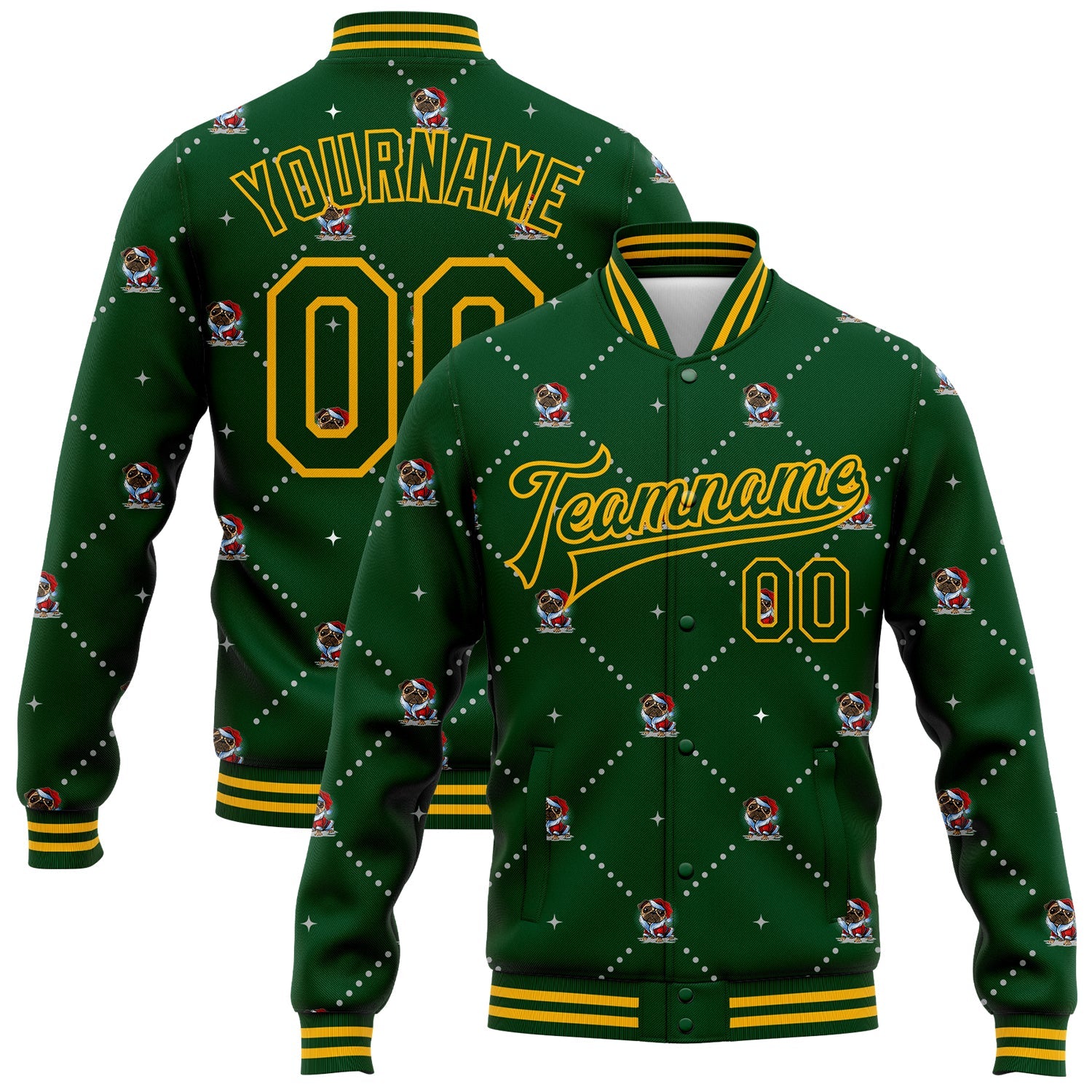 Custom Green Gold Christmas Dog Wearing Santa Claus Costume 3D Bomber Full-Snap Varsity Letterman Jacket - Main View