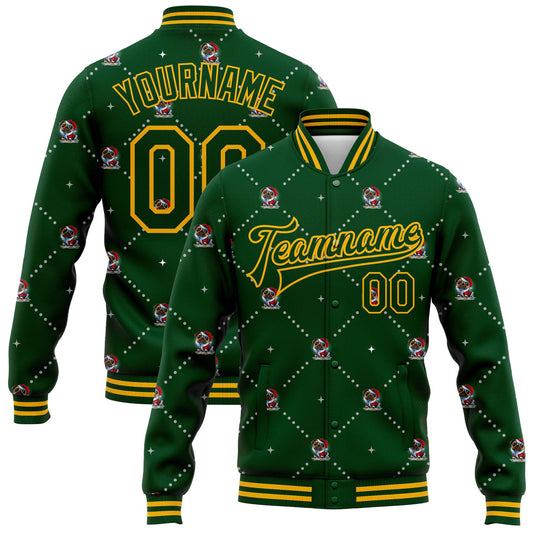 Custom Green Gold Christmas Dog Wearing Santa Claus Costume 3D Bomber Full-Snap Varsity Letterman Jacket - Main View