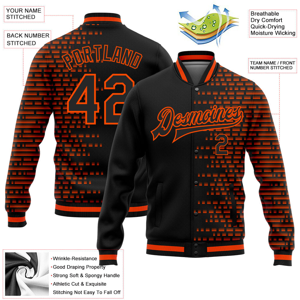Custom Black Orange Halftone 3D Pattern Design Bomber Full-Snap Varsity Letterman Jacket view 5