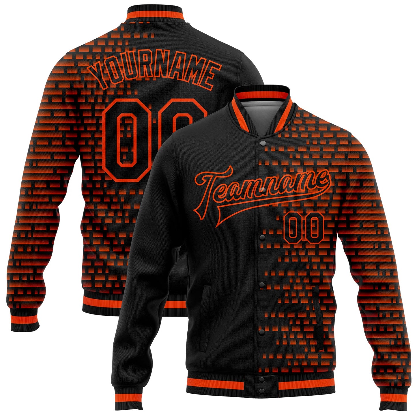 Custom Black Orange Halftone 3D Pattern Design Bomber Full-Snap Varsity Letterman Jacket - Main View