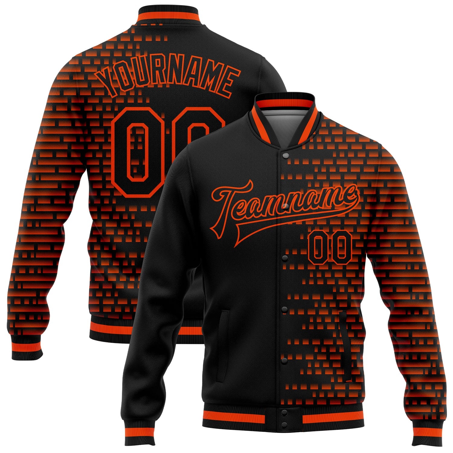 Custom Black Orange Halftone 3D Pattern Design Bomber Full-Snap Varsity Letterman Jacket - Main View