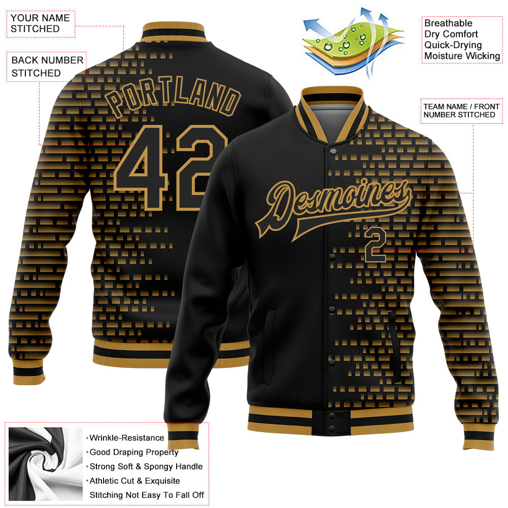 Custom Black Old Gold Halftone 3D Pattern Design Bomber Full-Snap Varsity Letterman Jacket view 5