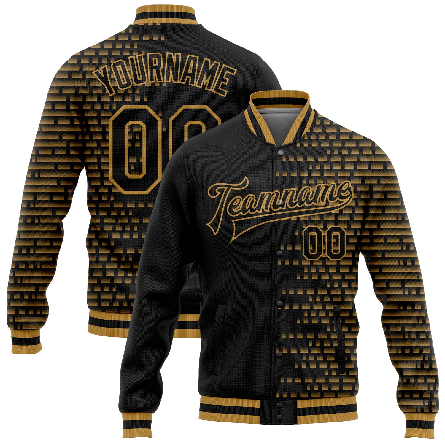 Custom Black Old Gold Halftone 3D Pattern Design Bomber Full-Snap Varsity Letterman Jacket - Main View