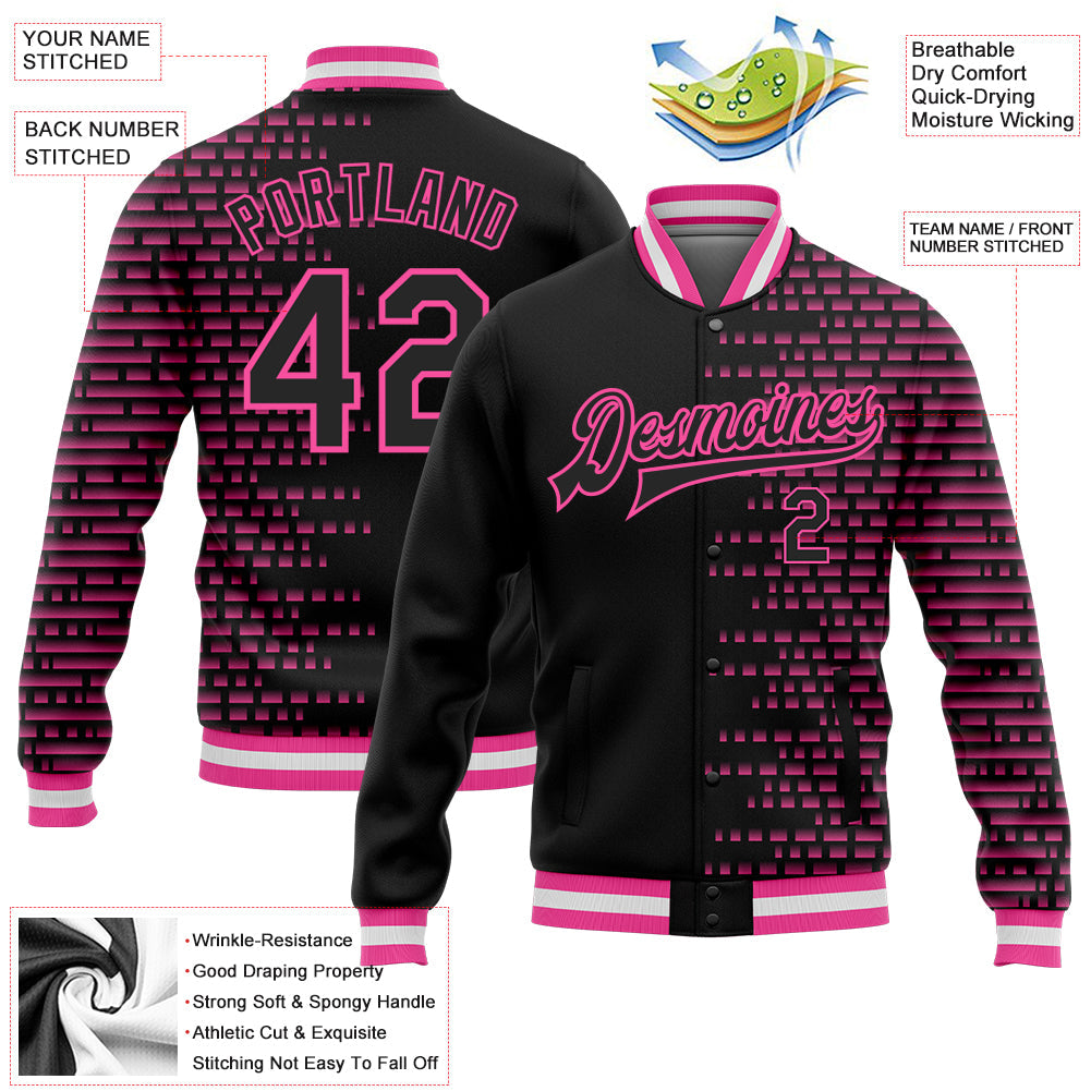 Custom Black Pink-White Halftone 3D Pattern Design Bomber Full-Snap Varsity Letterman Jacket view 5