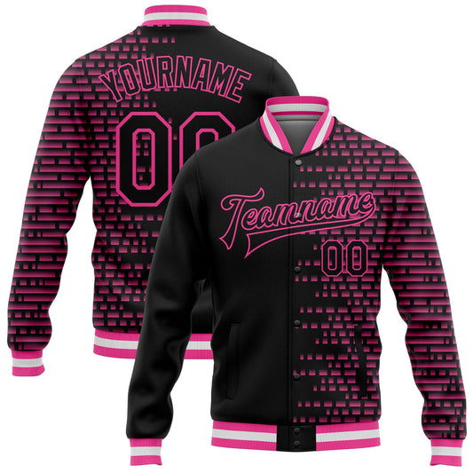 Custom Black Pink-White Halftone 3D Pattern Design Bomber Full-Snap Varsity Letterman Jacket - Main View
