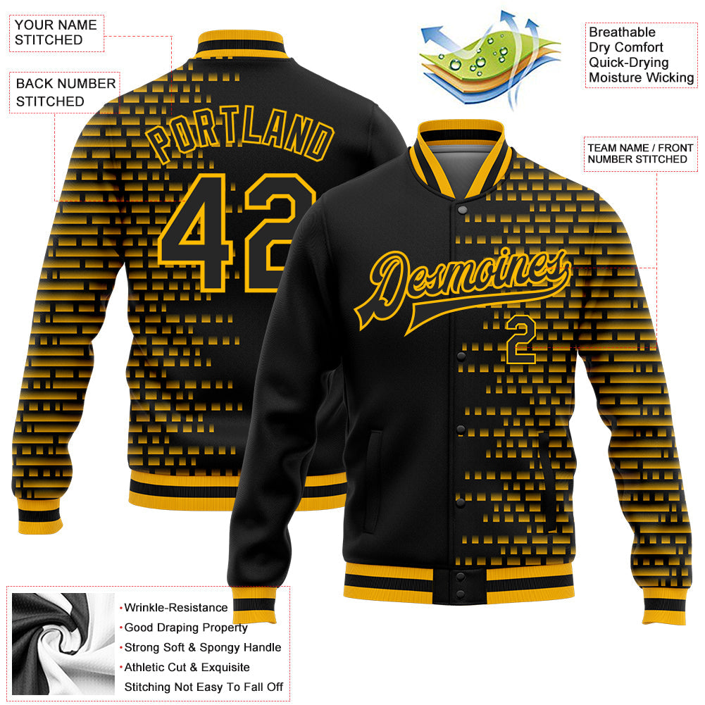 Custom Black Gold Halftone 3D Pattern Design Bomber Full-Snap Varsity Letterman Jacket view 5