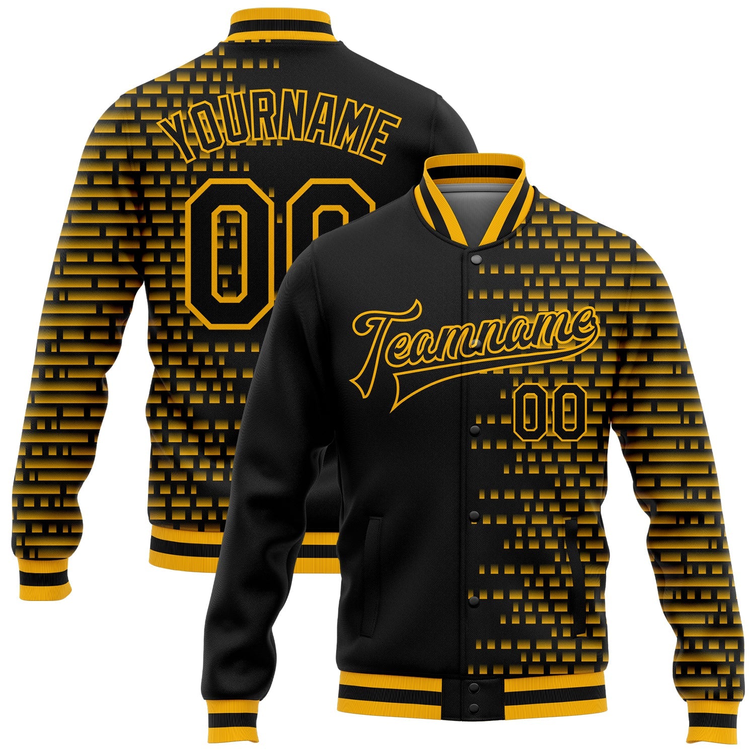 Custom Black Gold Halftone 3D Pattern Design Bomber Full-Snap Varsity Letterman Jacket - Main View