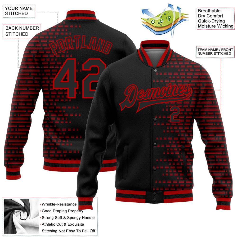 Custom Black Red Halftone 3D Pattern Design Bomber Full-Snap Varsity Letterman Jacket view 5