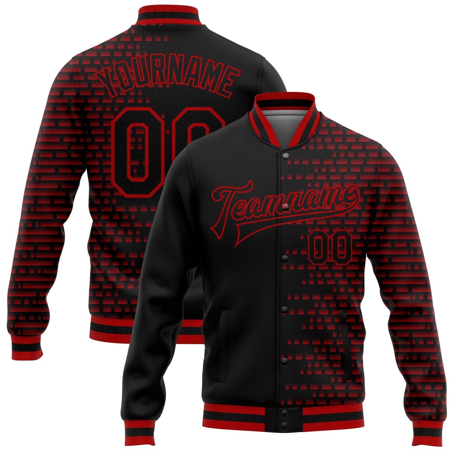 Custom Black Red Halftone 3D Pattern Design Bomber Full-Snap Varsity Letterman Jacket - Main View