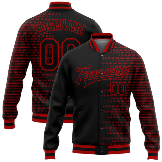 Custom Black Red Halftone 3D Pattern Design Bomber Full-Snap Varsity Letterman Jacket - Main View