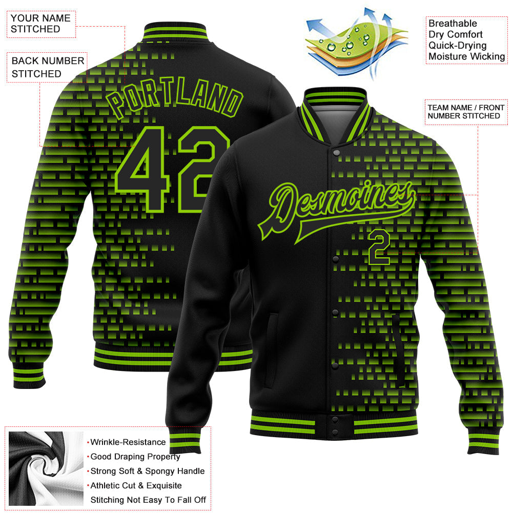 Custom Black Neon Green Halftone 3D Pattern Design Bomber Full-Snap Varsity Letterman Jacket view 5