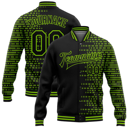 Custom Black Neon Green Halftone 3D Pattern Design Bomber Full-Snap Varsity Letterman Jacket - Main View