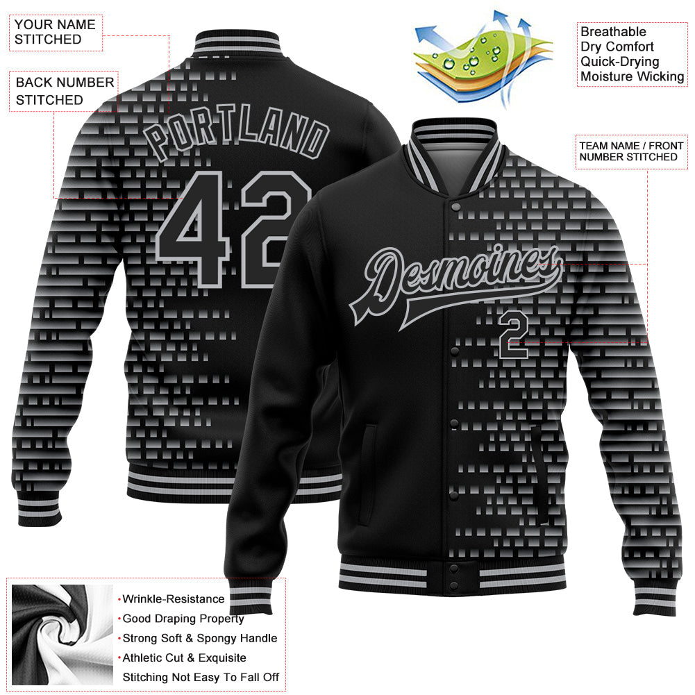 Custom Black Gray Halftone 3D Pattern Design Bomber Full-Snap Varsity Letterman Jacket view 5