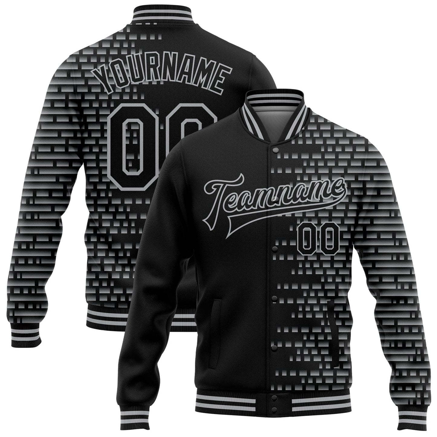 Custom Black Gray Halftone 3D Pattern Design Bomber Full-Snap Varsity Letterman Jacket - Main View