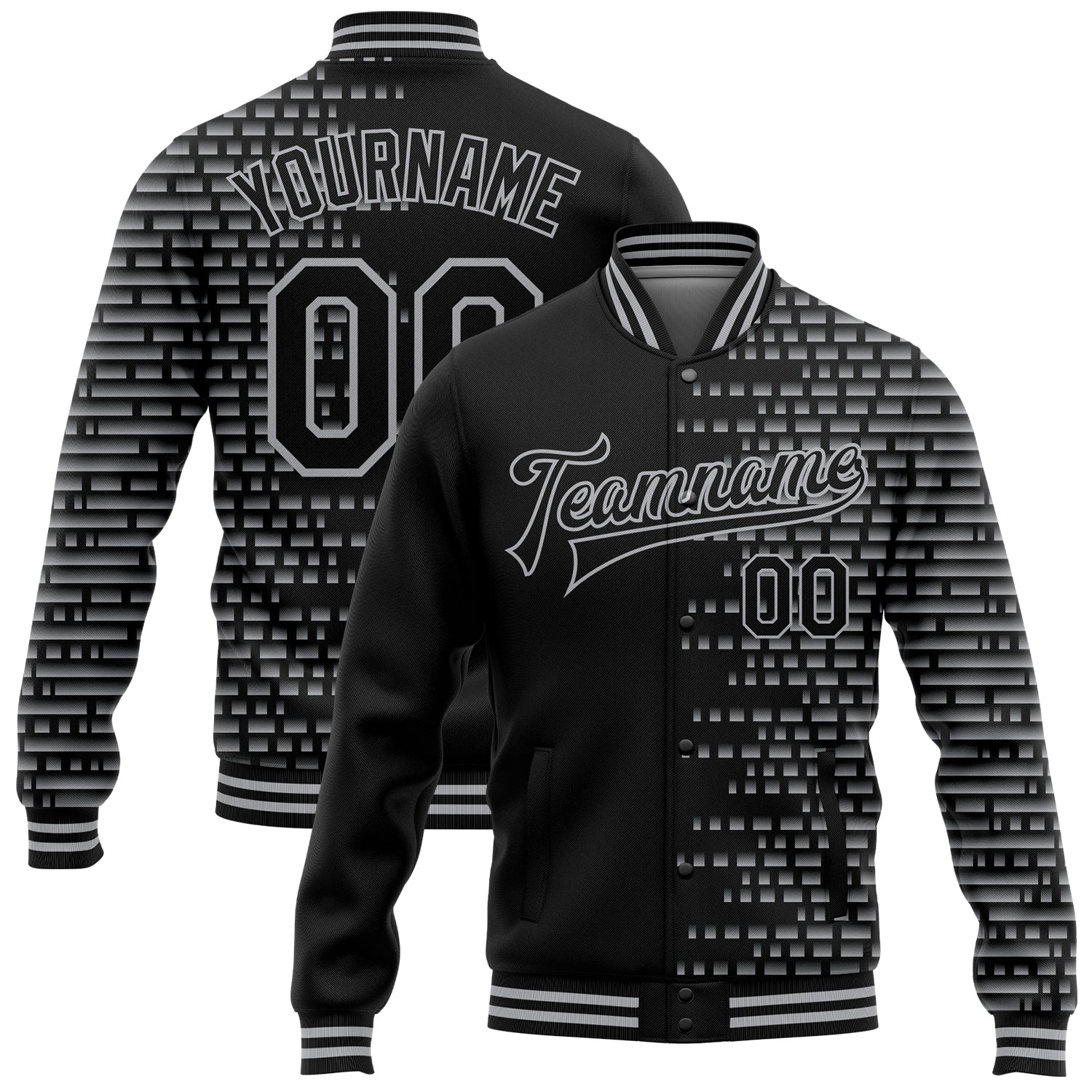 Custom Black Gray Halftone 3D Pattern Design Bomber Full-Snap Varsity Letterman Jacket - Main View