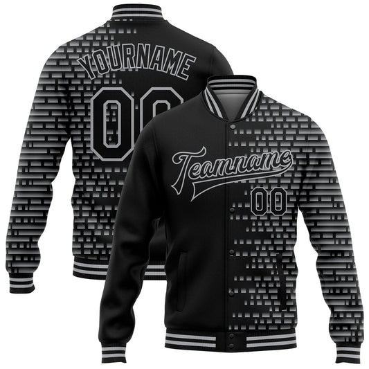 Custom Black Gray Halftone 3D Pattern Design Bomber Full-Snap Varsity Letterman Jacket - Main View