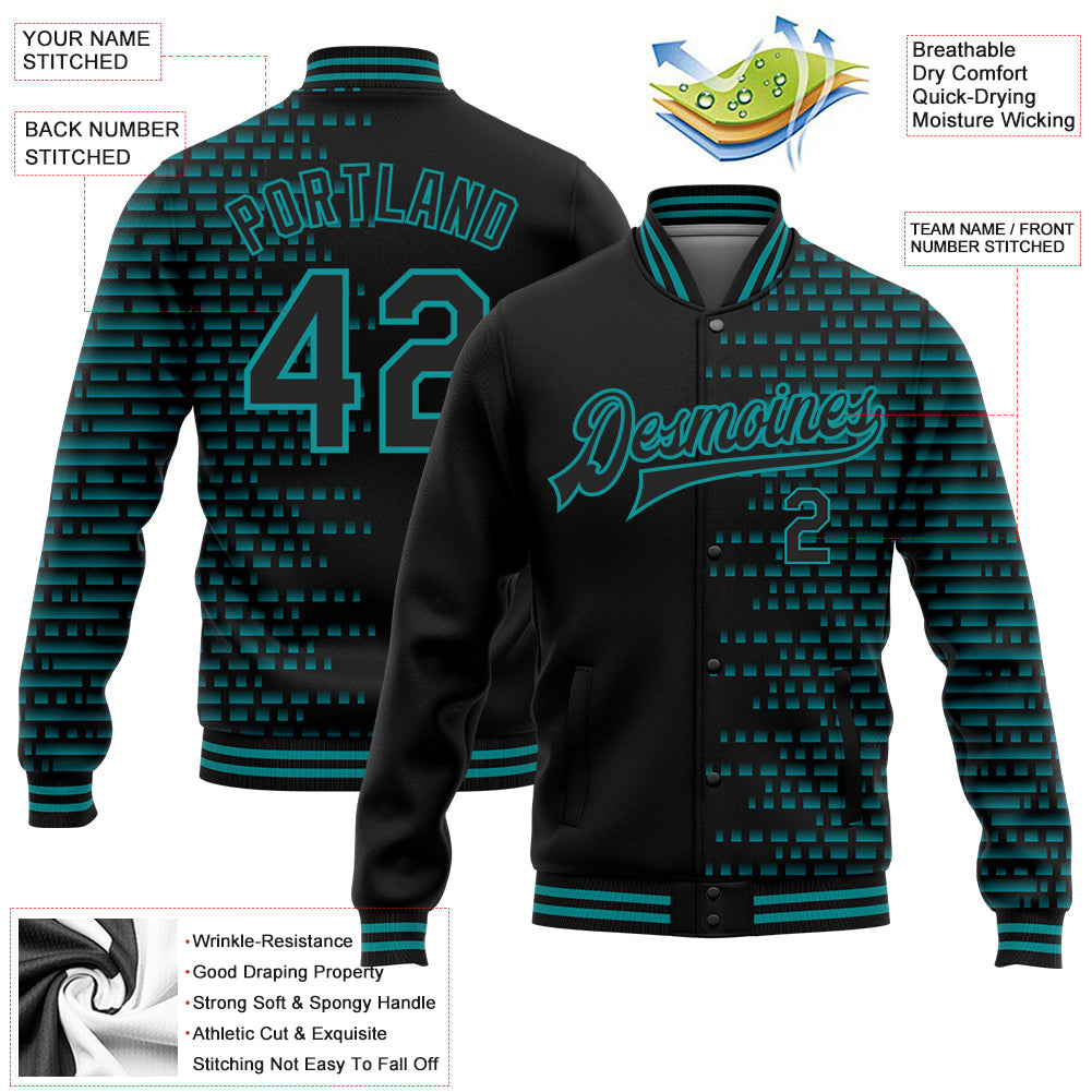 Custom Black Teal Halftone 3D Pattern Design Bomber Full-Snap Varsity Letterman Jacket view 5