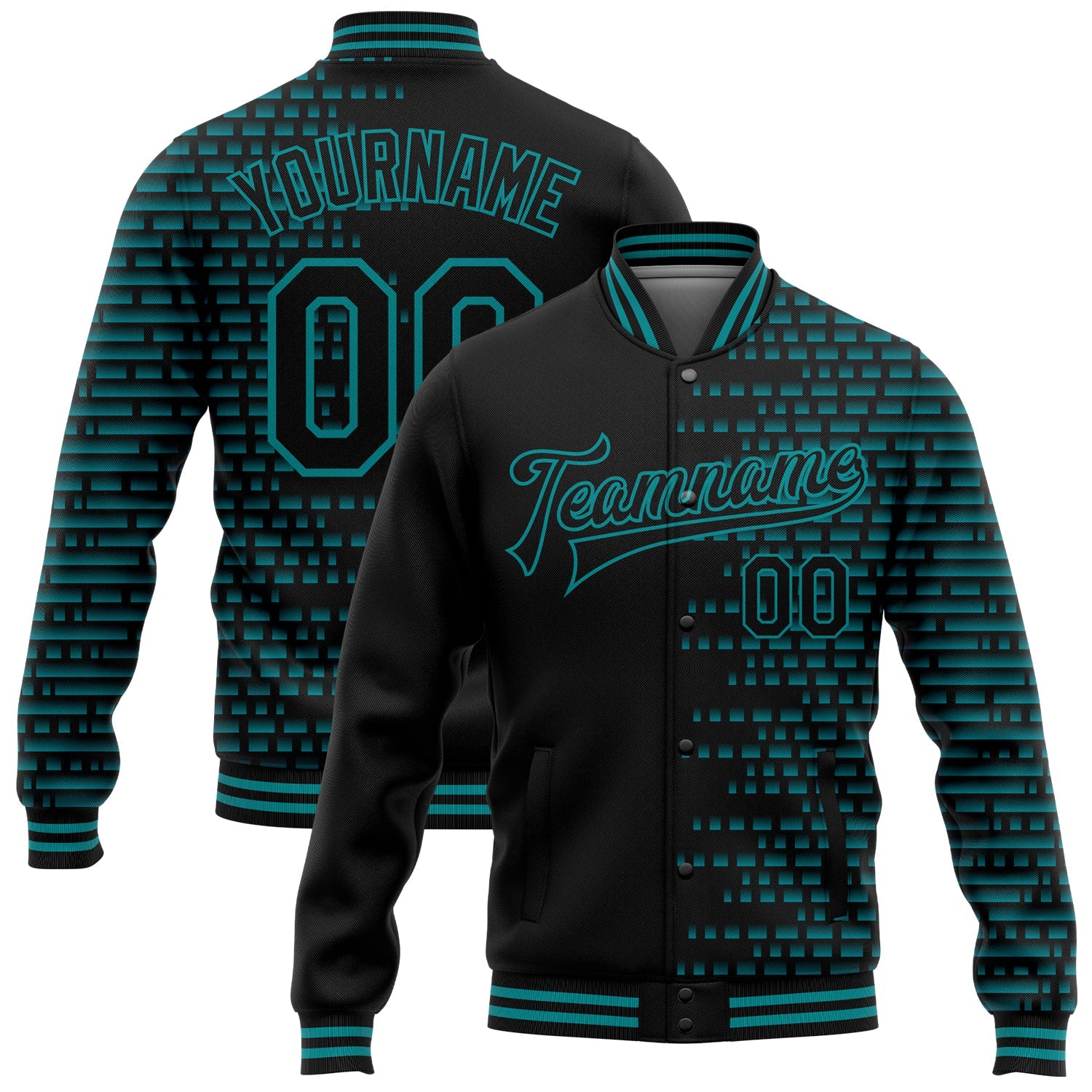 Custom Black Teal Halftone 3D Pattern Design Bomber Full-Snap Varsity Letterman Jacket - Main View