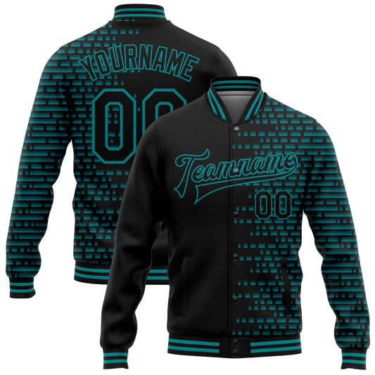 Custom Black Teal Halftone 3D Pattern Design Bomber Full-Snap Varsity Letterman Jacket - Main View