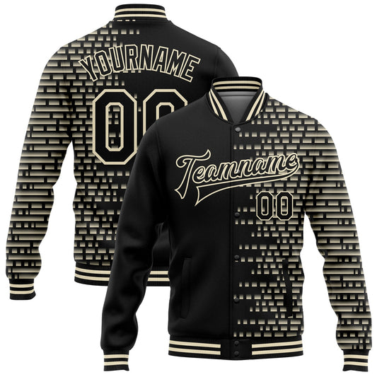 Custom Black Cream Halftone 3D Pattern Design Bomber Full-Snap Varsity Letterman Jacket - Main View