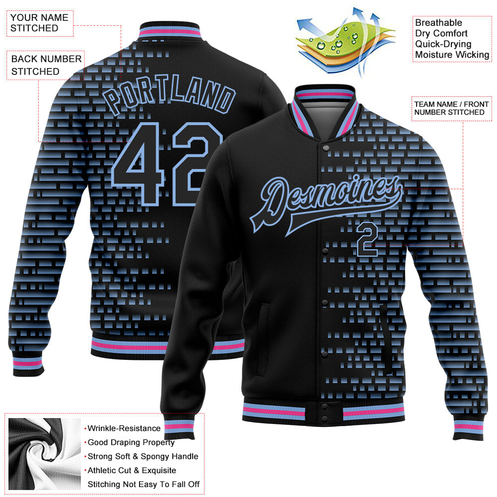 Custom Black Light Blue-Pink Halftone 3D Pattern Design Bomber Full-Snap Varsity Letterman Jacket view 5