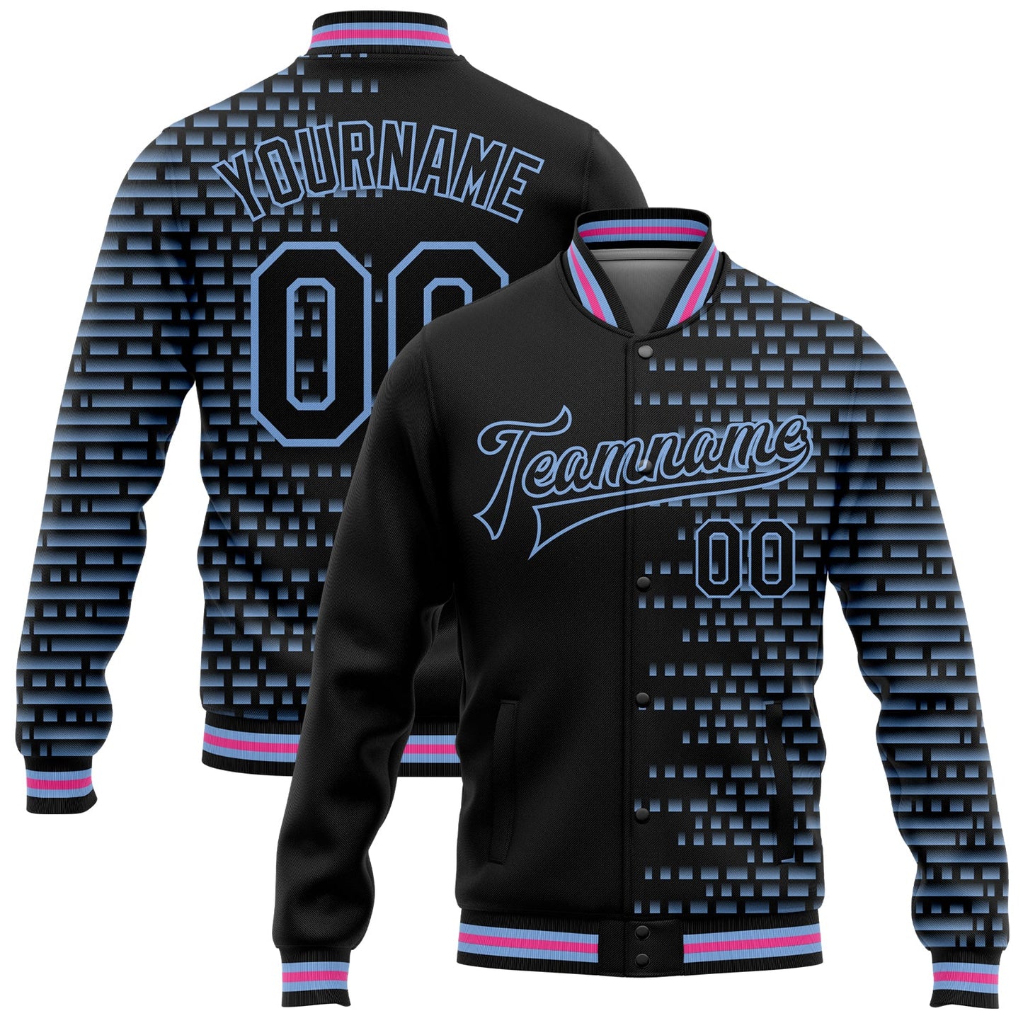 Custom Black Light Blue-Pink Halftone 3D Pattern Design Bomber Full-Snap Varsity Letterman Jacket - Main View