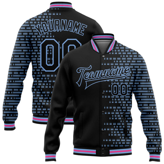 Custom Black Light Blue-Pink Halftone 3D Pattern Design Bomber Full-Snap Varsity Letterman Jacket - Main View