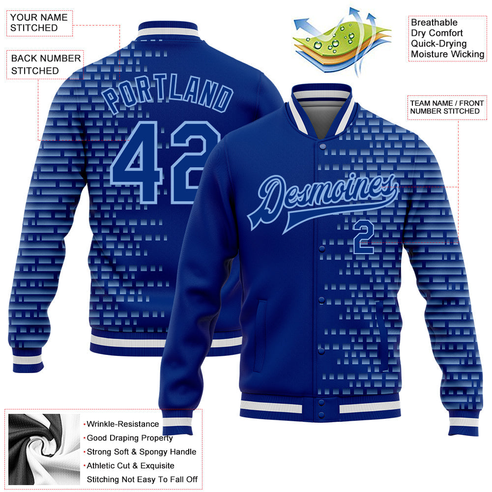 Custom Royal Light Blue-White Halftone 3D Pattern Design Bomber Full-Snap Varsity Letterman Jacket view 5