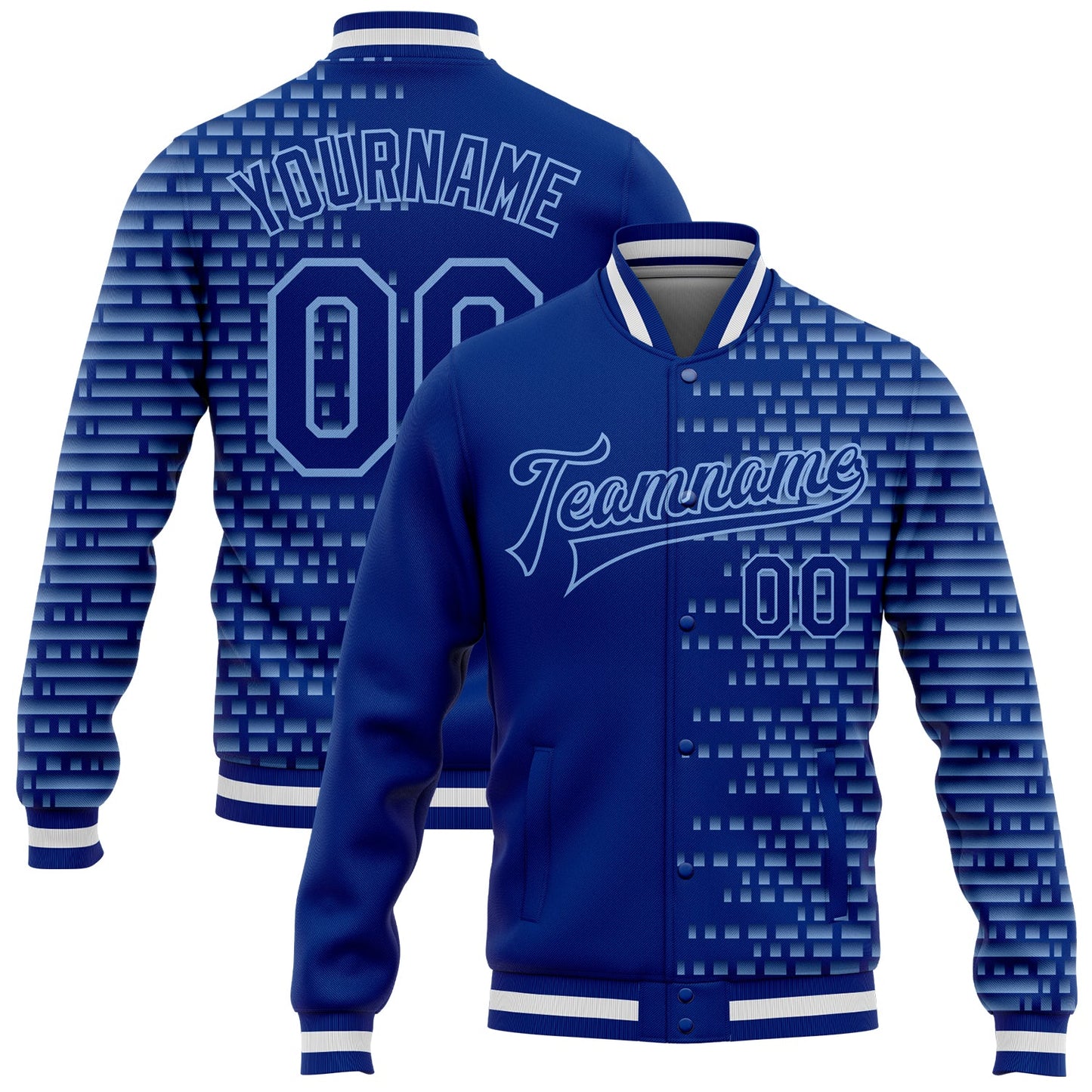Custom Royal Light Blue-White Halftone 3D Pattern Design Bomber Full-Snap Varsity Letterman Jacket - Main View