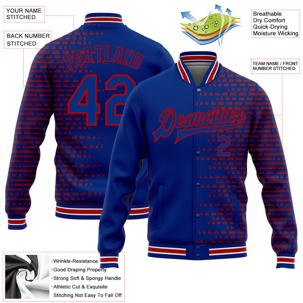 Custom Royal Red-White Halftone 3D Pattern Design Bomber Full-Snap Varsity Letterman Jacket view 5