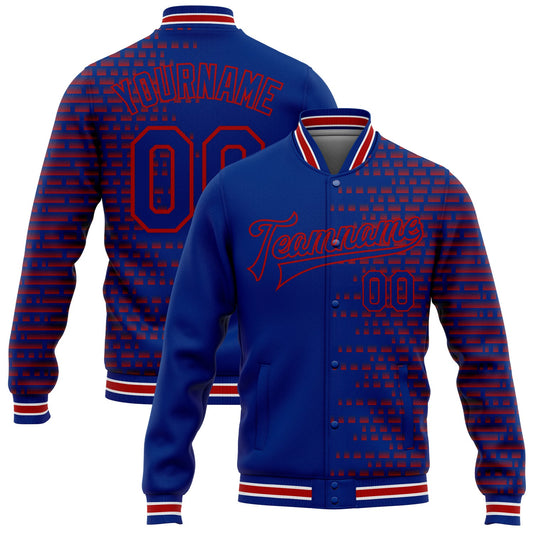 Custom Royal Red-White Halftone 3D Pattern Design Bomber Full-Snap Varsity Letterman Jacket - Main View