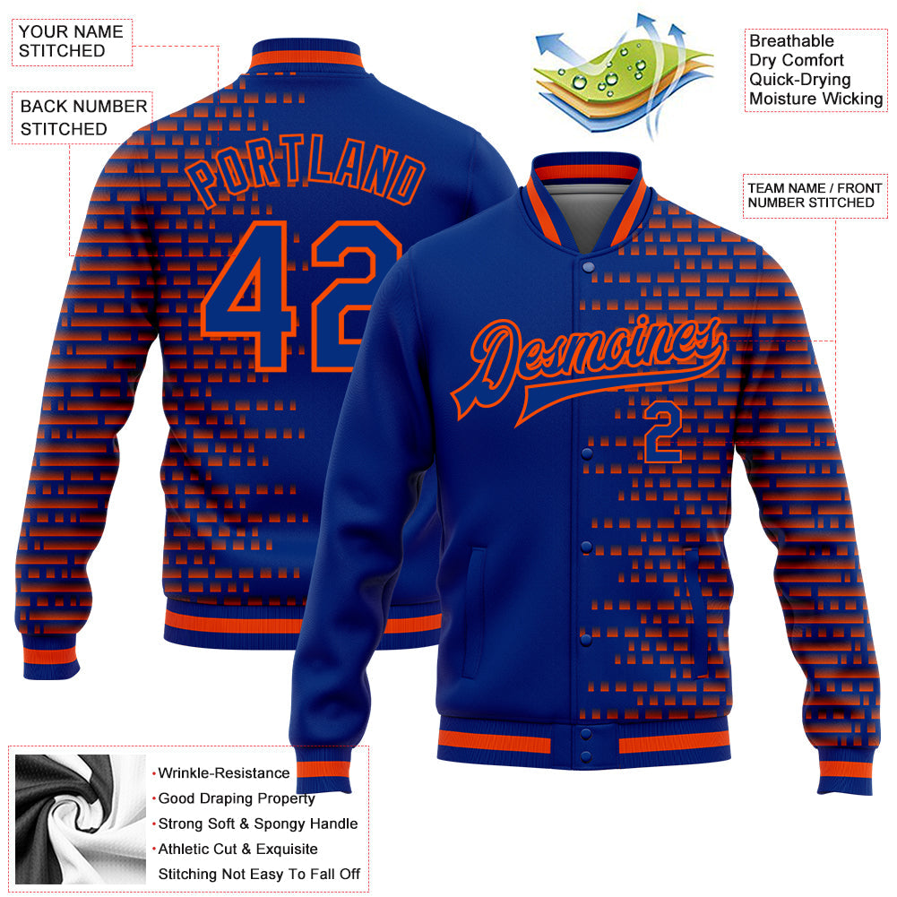 Custom Royal Orange Halftone 3D Pattern Design Bomber Full-Snap Varsity Letterman Jacket view 5