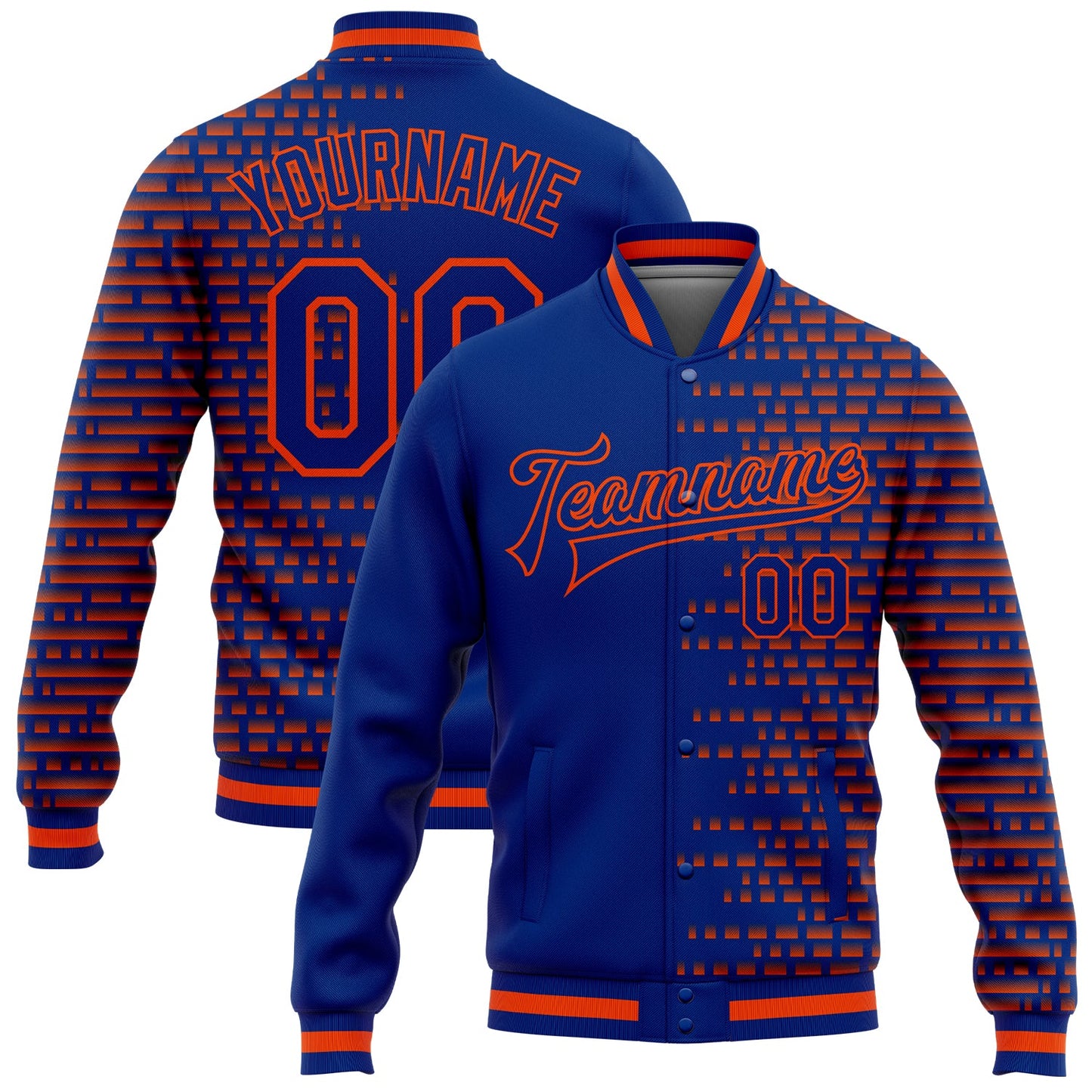 Custom Royal Orange Halftone 3D Pattern Design Bomber Full-Snap Varsity Letterman Jacket - Main View