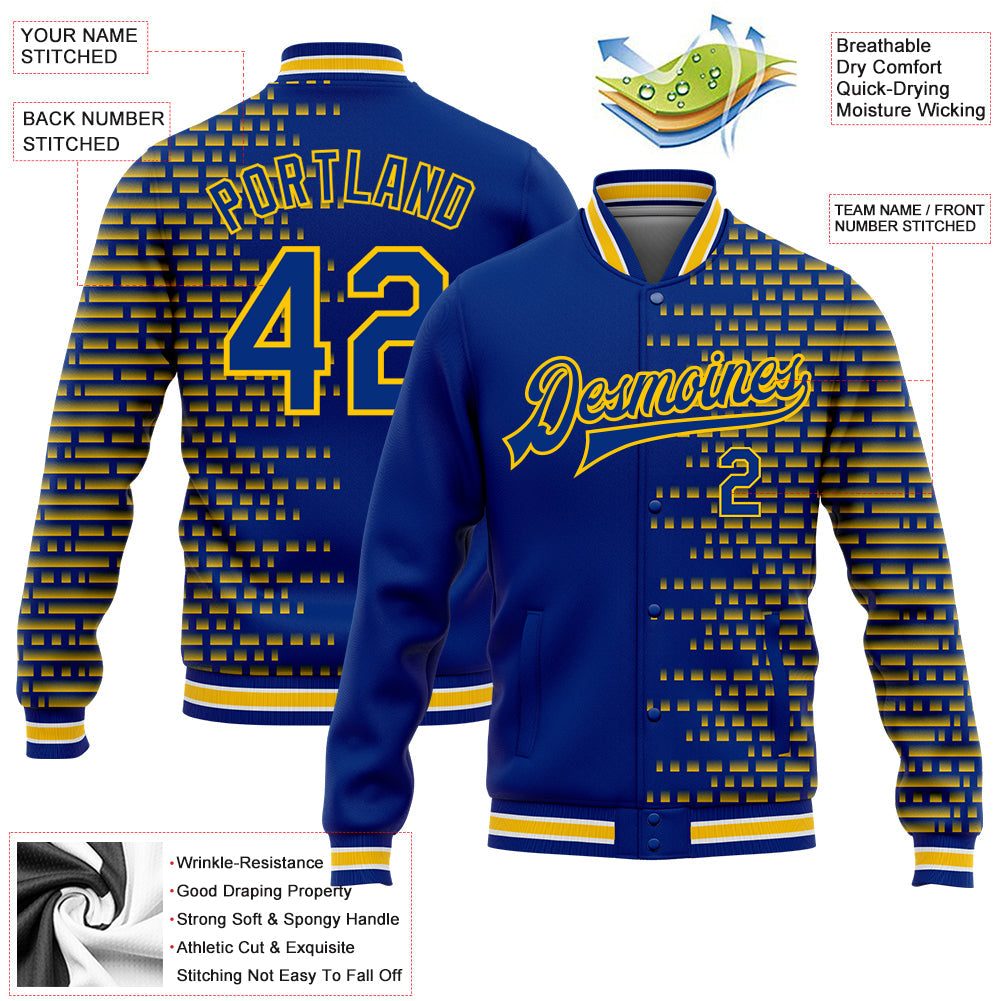 Custom Royal Yellow Halftone 3D Pattern Design Bomber Full-Snap Varsity Letterman Jacket view 5