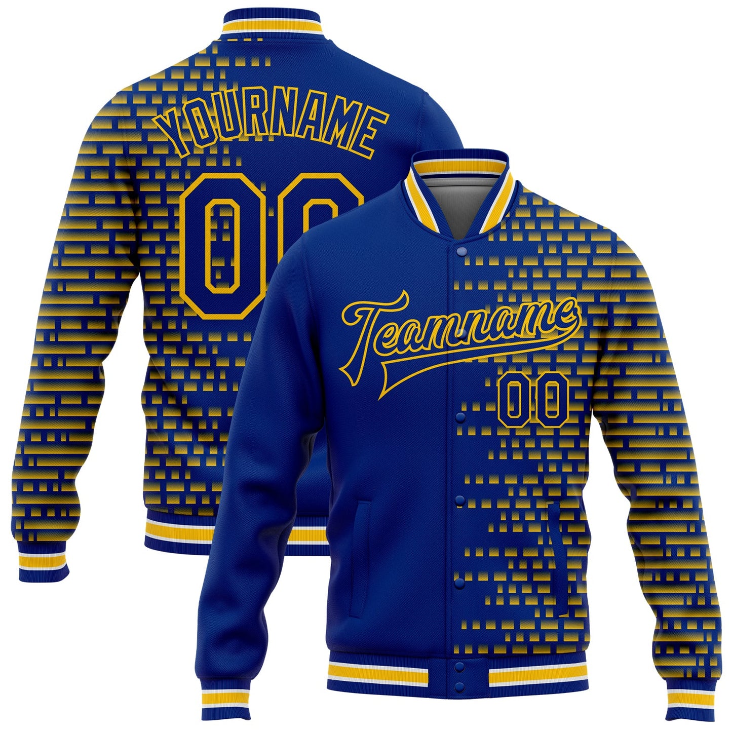 Custom Royal Yellow Halftone 3D Pattern Design Bomber Full-Snap Varsity Letterman Jacket - Main View